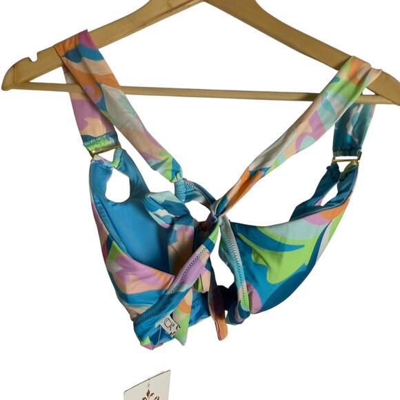 Becca All That Glitter Blue Multicolor Print Halter Tie Back Bikini Swimsuit Top - Picture 9 of 10